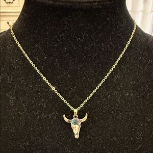 Gold Tone Bull Skull Pendant Statement Necklace